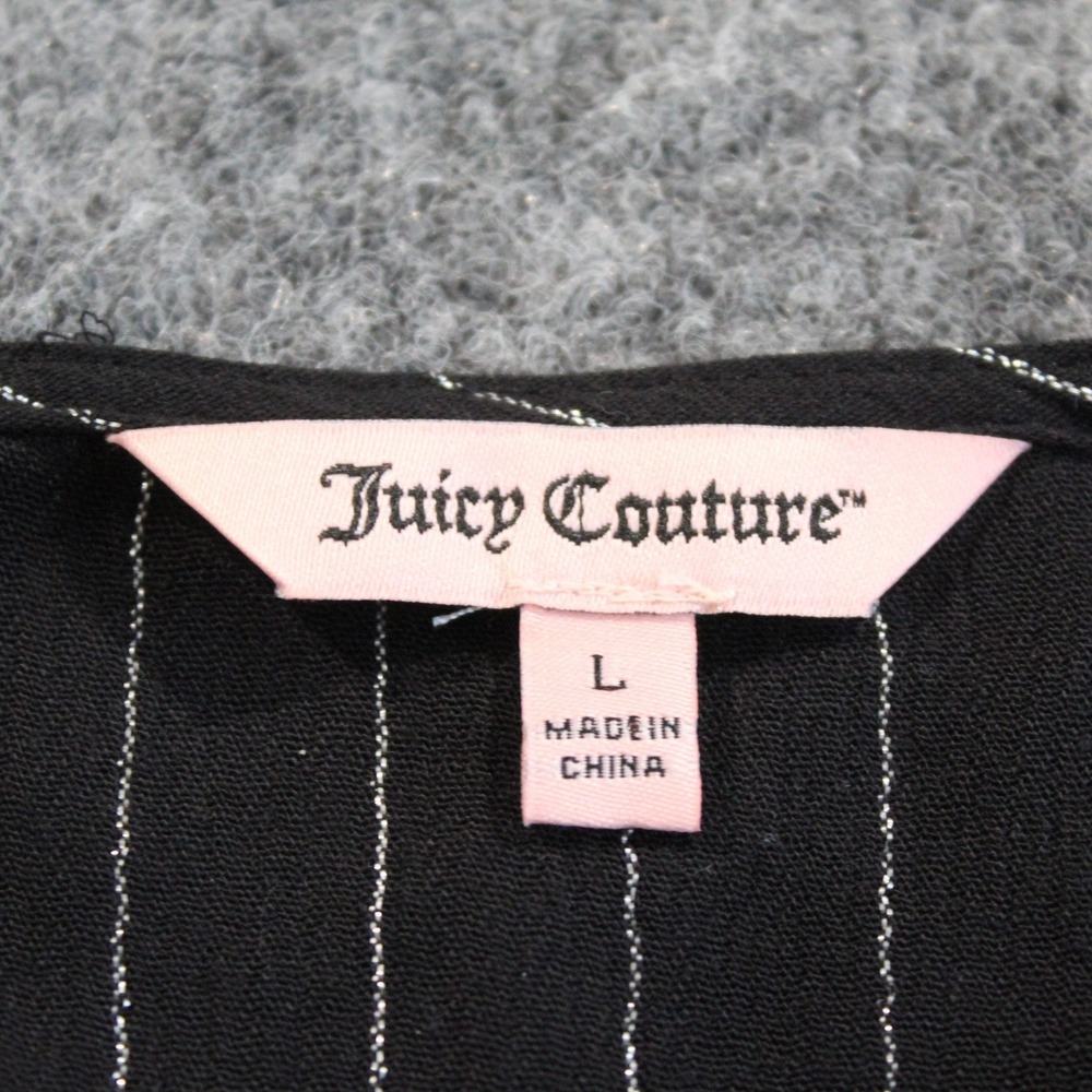Juicy Couture Womens Black Silver Metallic Pinstripe Tie‎ Front Ruffle Top L - Picture 2 of 9